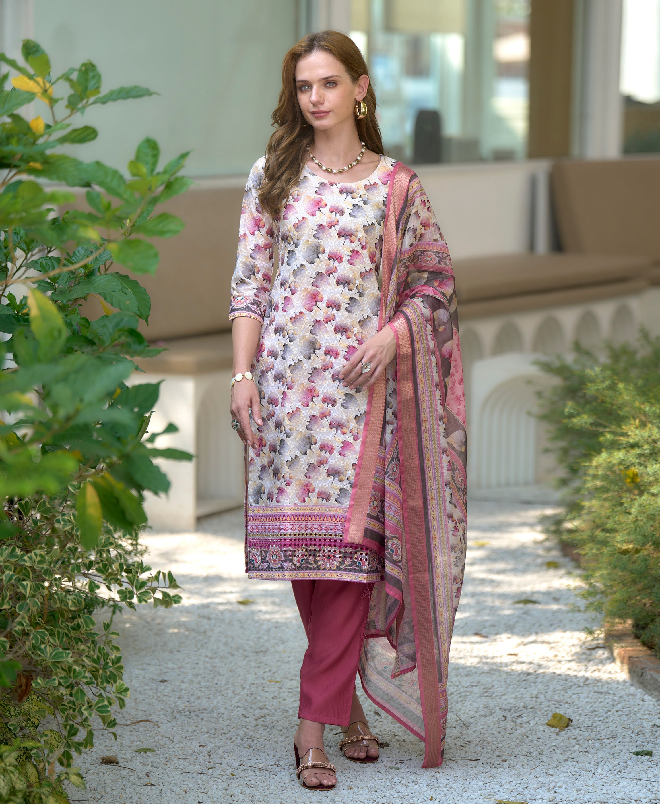White Cotton Botanical Print Straight Kurti Set